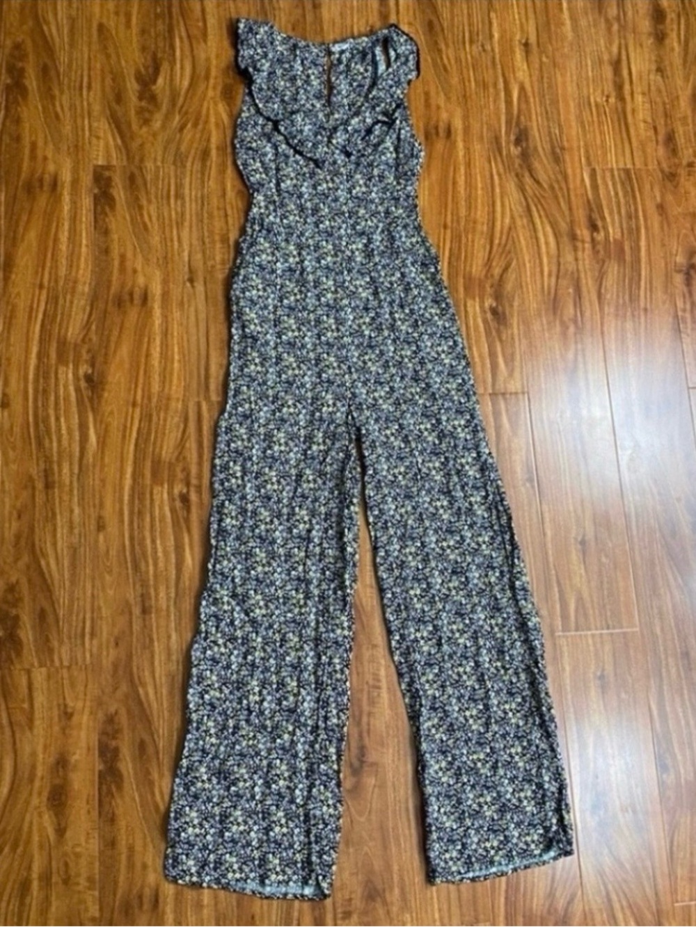 Love, Fire Juniors Black Yellow Floral Sleeveless Ruffle Jumpsuit Boho Size S